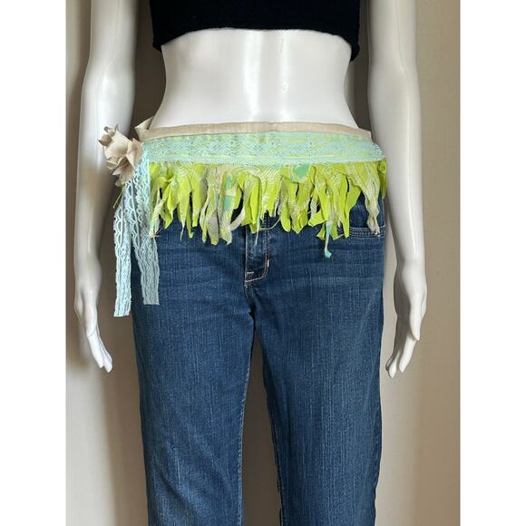 Fringe belt sash handmade cream and green festival fringe belt - Picture 2 of 10